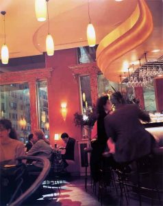 Colorful interior of bar at the Red Sage Restaurant in Washington, D.C.