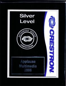 Image of Crestron Silver Leve plaque for Applause Multimedia showing their Talent and Dedication 